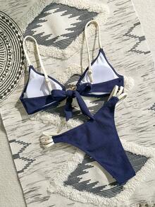 Swim Chiccia Women's Elegant Sexy Beach Vacation Party Swimsuit Set, Metallic Starfish Decor Triangle Cup Bikini, Textured Fabric Navy Blue & Apricot Swimsuit Set - Navy Blue - View 2