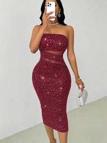 VaVaBold Party Gathering Fitted Bandeau Midi Dresses For Women - Burgundy - View 1