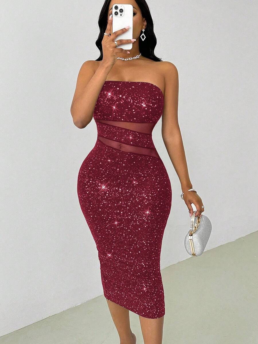 VaVaBold Party Gathering Fitted Bandeau Midi Dresses For Women - Burgundy - View 1