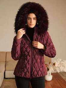 Anewsta 女式秋冬短款修身连帽人造毛领水钻缀饰酒红色风衣夹克 - 酒紅色 - 查看 7