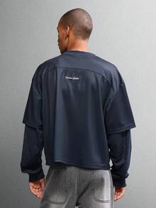 SUMWON Áo bóng đá tay dài hai lớp Boxy Fit New York in họa tiết áo phông xanh navy phong cách retro đô thị thường ngày dạo phố mùa thu đông nhiều lớp - Màu xanh lam - Xem 2