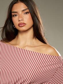 MISSGUIDED Áo trễ vai kẻ sọc tay dài ôm eo dệt kim mềm mại thời trang thu đông cổ rộng mặc buổi tối thường ngày - Nhiều màu - Xem 5