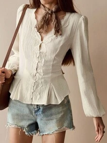 Florisole 女式纯色 V 领蕾丝拼布前扣长袖衬衫 - 淡黃色 - 查看 5