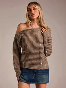 Avantive Mocha Brown Off The Shoulder Rhinestone Sweater For Women,Elegant Autumn Knitwear For Night Out,Y2K Western Style Boho Vintage Clubwear Top - Brown - View 4