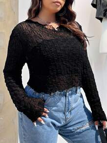 SHEIN EZwear Plus Lettuce Trim Sheer Top Without Bra - Black - View 5