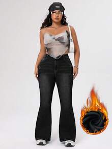 SHEIN ICON 大码保暖内衬修身喇叭牛仔裤 - 黑色 - 查看 3