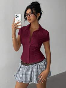 Aloruh 女士优雅通勤休闲纯白色短袖褶腰衬衫，百搭春夏季 - 紫紅色 - 查看 2