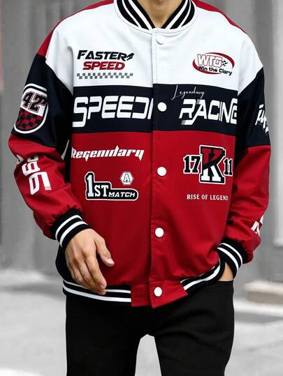 SHEIN 1 Piece Tween Boy Casual Sports Street Fashion Baseball Jacket With Contrasting Motorcycle Pattern Suitable For Kids Back To School Suitable For Birthday Parties, Evening Parties, Performances, Weddings, Baptisms, Opening Ceremonies Daily Suitable For Daily Use Suitable For School Suitable For Travel Suitable For Sports Suitable For Autumn And Winter Seasons Goth Goth Winter Jacket Winter Coat Coats Joggers Tween Boy Coats First Day Of School Fall