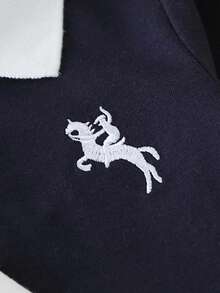 SHEIN 2 件装男婴休闲条纹撞色 Polo 领长袖 T 恤，适合所有季节，春秋季，适合户外玩耍或日常穿着 - 寶藍色 - 查看 4