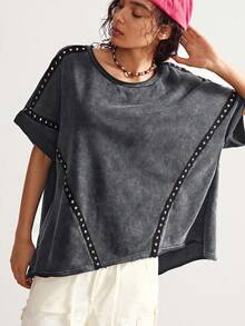 Bohemela Camiseta holgada de mujer con cuello redondo de punto, estilo casual de vacaciones campestres bohemio, con remaches lavados - Gris - Ver 3