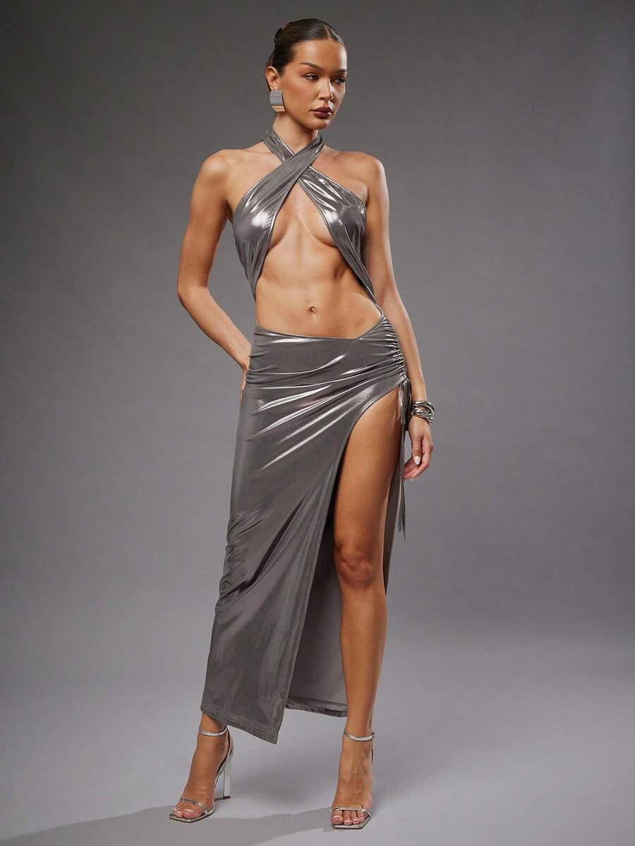 Hauture Vestido longo sexy para festa de verão, com revestimento metálico, elástico, cruzado, franzido, fenda - Castanho - Ver 1