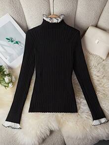 Franclia 休闲拼色立领修身毛衣，秋冬 - 黑色 - 查看 2