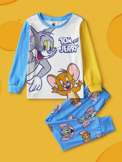 TOM & JERRY X SHEIN 2pcs Young Boy Cartoon Blue Cute Casual Long Sleeve T-Shirt And Shorts Comfortable Pajama Set
