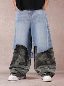 SUMWON 双层阔腿牛仔裤破洞牛仔迷彩拼布设计街头风格都市时尚宽松个性裤秋冬休闲装 - 彩色 - 查看 1