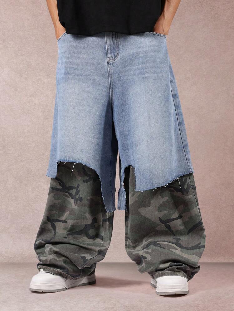 Wide Leg Double Layer Jeans With Camouflage Patchwork