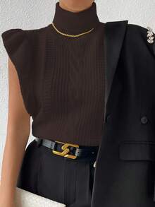 Chiquease Women's Solid Color High Collar Cap Sleeve Knit Casual Pullover Sweater Vest - Coffee Brown - View 5