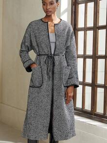 Aveloria Modichic Abrigo largo de mujer con mezcla de lana, con bolsillos y ribete de contraste en las mangas largas