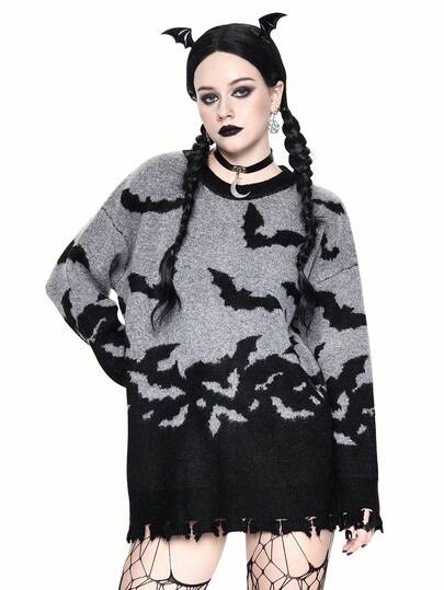 Goth Femmes Tricot Pull Col Rond Motif Chauve-Souris, Automne/Hiver, Halloween