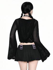 ROMWE Gothic Hooded Pullover Sweater With Flared Sleeves, Halloween - Black - View 3