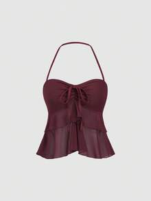 Sweetra Áo cổ yếm đơn giản, màu trơn dành cho nữ mặc hàng ngày Y2K - Màu Đỏ Sâu - Xem 1