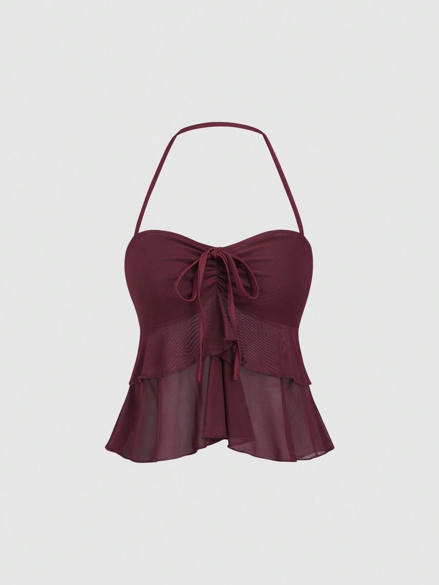 Sweetra Áo cổ yếm đơn giản, màu trơn dành cho nữ mặc hàng ngày Y2K - Màu Đỏ Sâu - Xem 1