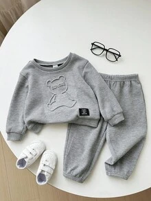 SHEIN 2 件套男婴/女婴可爱灰色 3D 熊卡通印花长袖运动衫和慢跑运动服，男女通用婴儿服装，婴儿冬季服装 - 灰色 - 查看 7