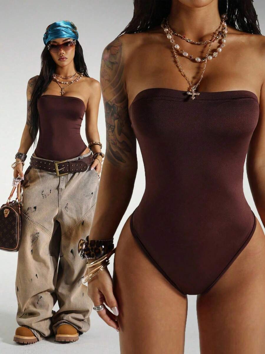 SHEIN PETITE Streetwear 女式百搭无袖紧身衣 - 棕色 - 查看 1