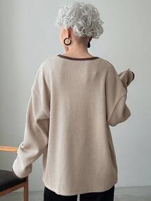 FRIFUL Women's Waffle Knit Contrast Color Loose Fit Round Neck Long Sleeve Casual T-Shirt, Suitable For Spring/Autumn Layering