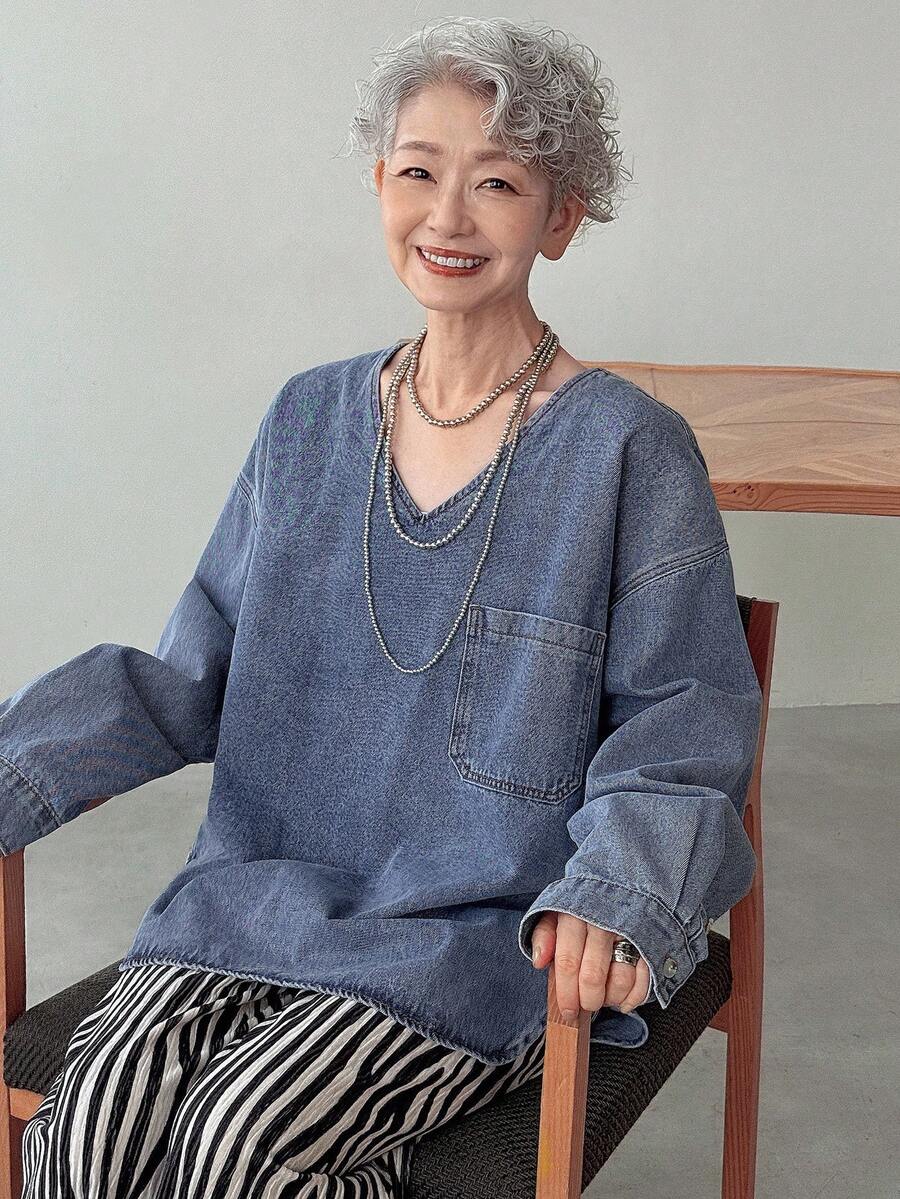 FRIFUL 女士休闲水洗落肩宽松牛仔衬衫 女士牛仔上衣 牛仔上衣 宽松衬衫 长袖牛仔上衣 - 藍色 - 查看 1