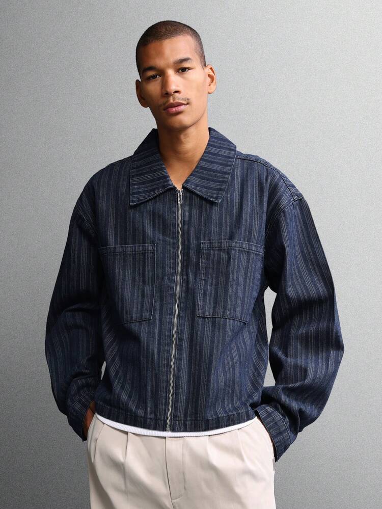 Pin Stripe Denim Jacket With Front Zipper And Patch Pockets