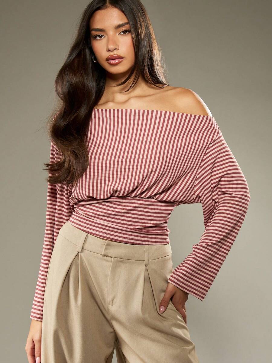 MISSGUIDED Áo trễ vai kẻ sọc tay dài ôm eo dệt kim mềm mại thời trang thu đông cổ rộng mặc buổi tối thường ngày - Nhiều màu - Xem 1