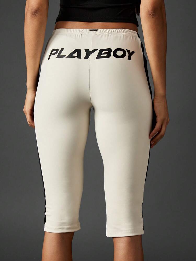 Missguided x Playboy High Waisted Side Stripe Leggings With Brand Logo Print For Athletic Training And Casual Wear