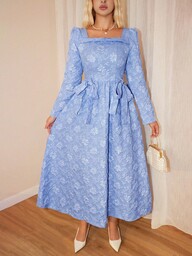 Elenzga Vestido Midi Retrô com Laço na Cintura, Gola Quadrada, Mangas Bufantes e Estampa Jacquard, Elegante e Urbano, Ideal para Formatura, Eventos de Férias, Passeios, Encontros e Uso Diário no Outono/Inverno