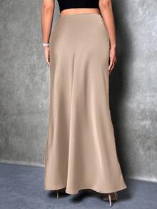 SHEIN PETITE Women's Solid Color Mermaid Style Skirt, Satin Skirt, Elegant Long Skirt, Suitable For Parties And Everyday Wear - Apricot - View 2