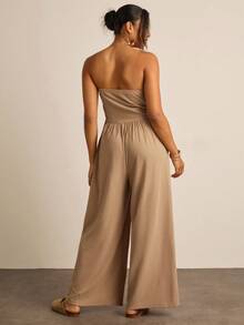 SHEIN VCAY 夏季大码纯色休闲连体裤 - 卡其色 - 查看 2