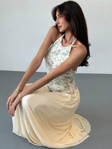 Aloruh 杏色露背吊带背心+长款分层网眼裙，女士浪漫约会度假装 - 杏色 - 查看 5