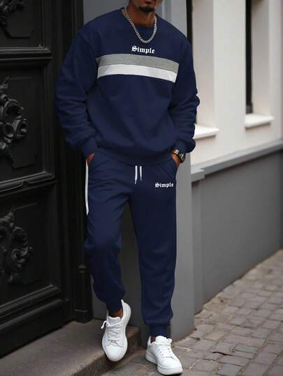 Manfinity LEGND Plus Size Men's Contrast Color Patchwork Crew Neck Long Sleeve Sweatshirt And Drawstring Waist Pants Set, Fall Winter Clothes