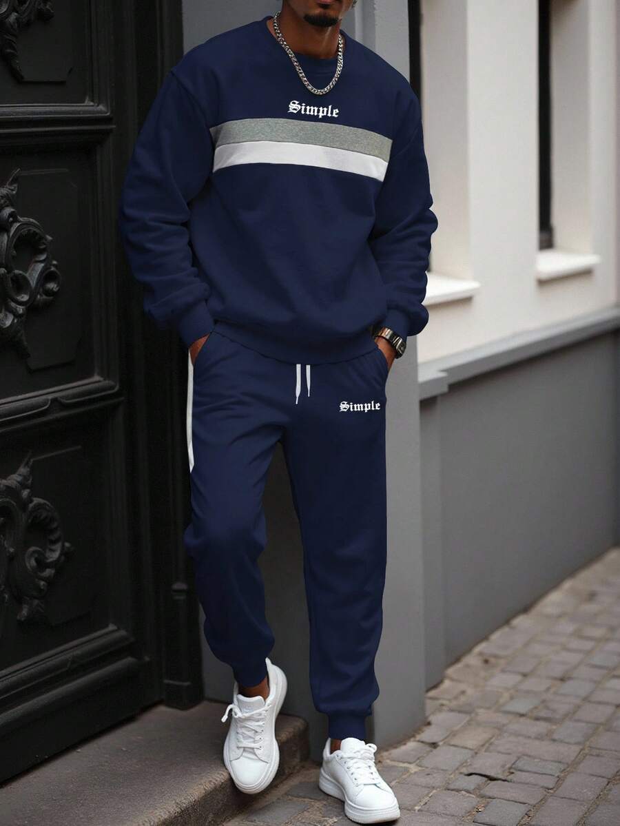 Manfinity LEGND Plus Size Men's Contrast Color Patchwork Crew Neck Long Sleeve Sweatshirt And Drawstring Waist Pants Set, Fall Winter Clothes