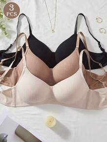 SHEIN 3cps Women's Comfortable Casual Ribbed Fabric Solid Underwear Without Underwire Soft Cup Anti-Sagging Bra