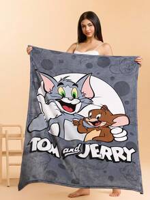 TOM & JERRY X SHEIN 1 件灰色卡通图案法兰绒厚毯，柔软温暖，防脱落，多种尺寸，适合沙发、床、午睡 - 灰色 - 查看 2