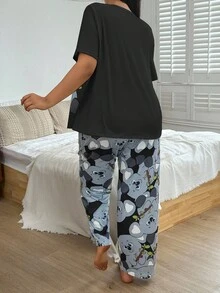 SHEIN Plus Size Gray Milk Silk Knit Koala Print Short Sleeve Pajama Set - Black - View 2