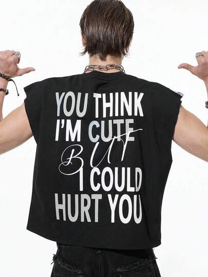 Grunge Punk Herren Slogan Muster Loose Fit Lässig Ärmellos Tank Top