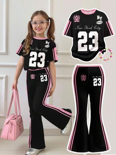SHEIN 2 st/set för tweenflickor, casual "New York"-t-shirt med nummer 23-randig mönster, lös passform, kortärmad och utsvängda byxor, sommaroutfit