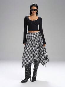 LYSMO 2025新款女士秋季时尚格子不对称A字裙，尽显优雅乡村风情 - 黑與白 - 查看 4