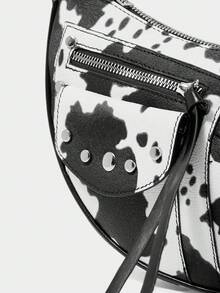SHECARRY Ladies, Women Shoulder Bag, Hobo Bag, Cow Print, Animal Print, Black And White, Fashionable, Personalized, Simple, Versatile, Street, Sweet And Cool Girls, Hot Girls, Y2k, Rivets, Teenagers(Adjustable Shoulder Strap) - Black and White - View 6