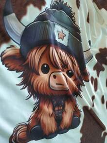 SHEIN LUNE 大码女式牛印花圆领长袖休闲 T 恤 - 白色 - 查看 4