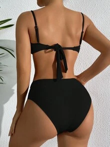 Swim Vcay Women's Summer Beach Solid Ribbed Fabric Shell & Starfish Strap Decor Removable Strap Bikini Top And Triangle Bottoms Casual Vacation Swimwear Set - Black - View 2