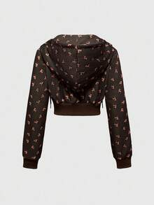 ROMWE Avant Women's Cute Deer Print Hooded Lace Patchwork Sweatshirt And Shorts 2 Pieces Set - Brown - View 8