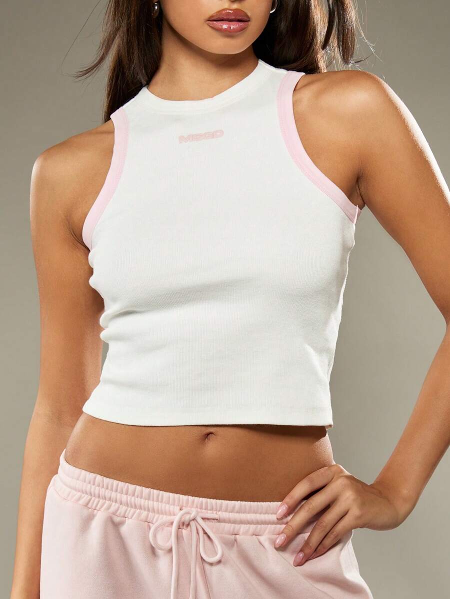 MISSGUIDED 无袖工字领罗纹针织露脐背心,粉色滚边,夏季休闲百搭修身必备时尚单品 - 白色 - 查看 1
