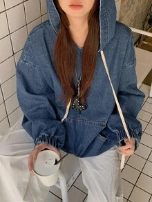 DAZY 女款純色口袋連帽休閒長袖牛仔襯衫校園風 - 藍色 - 查看 3